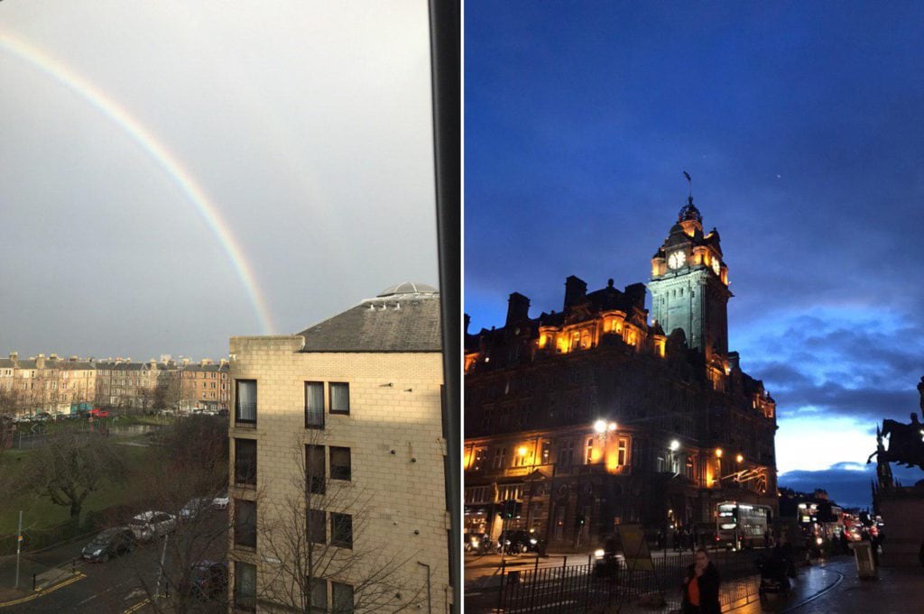 Wunderschöner Regenbogen und das Balmoral in der Nacht