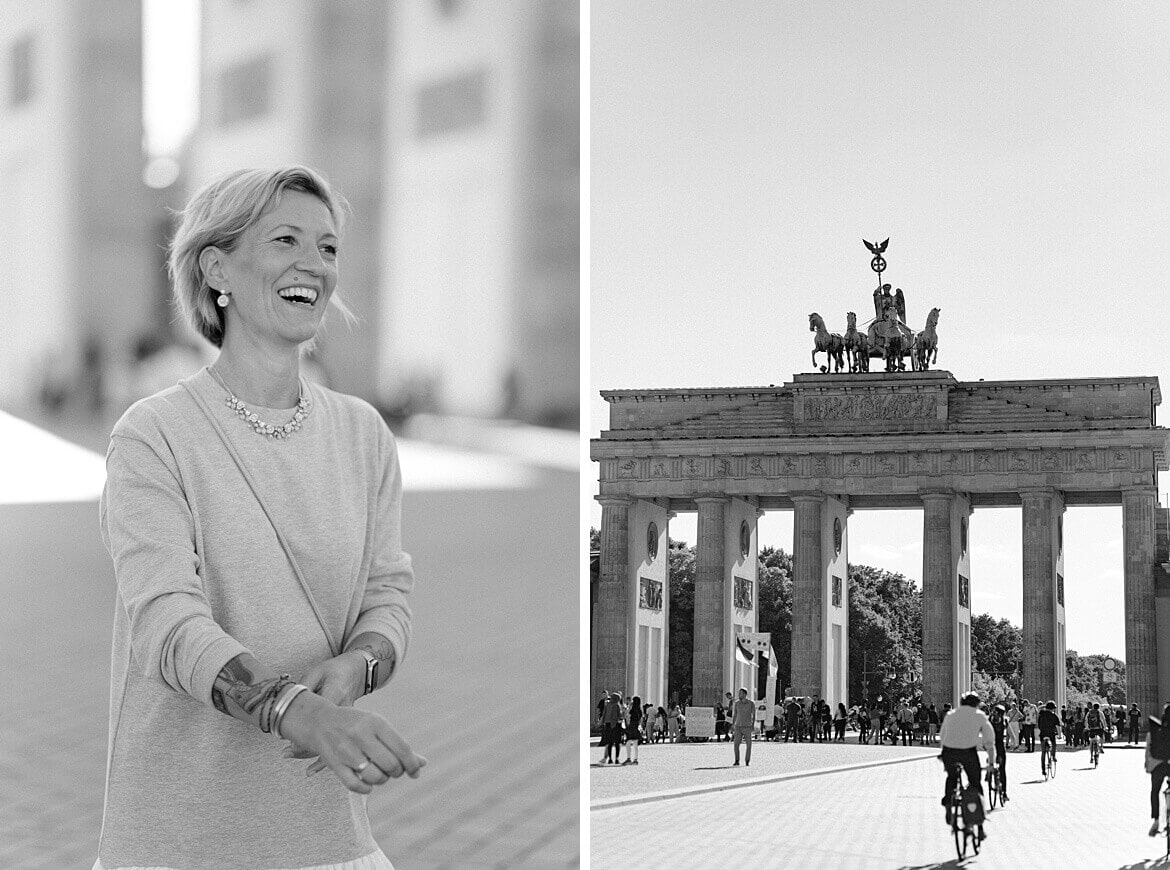 Schwarz weiß Foto Portrait einer Frau und Aufnahme vom Brandenburger Tor Berlin