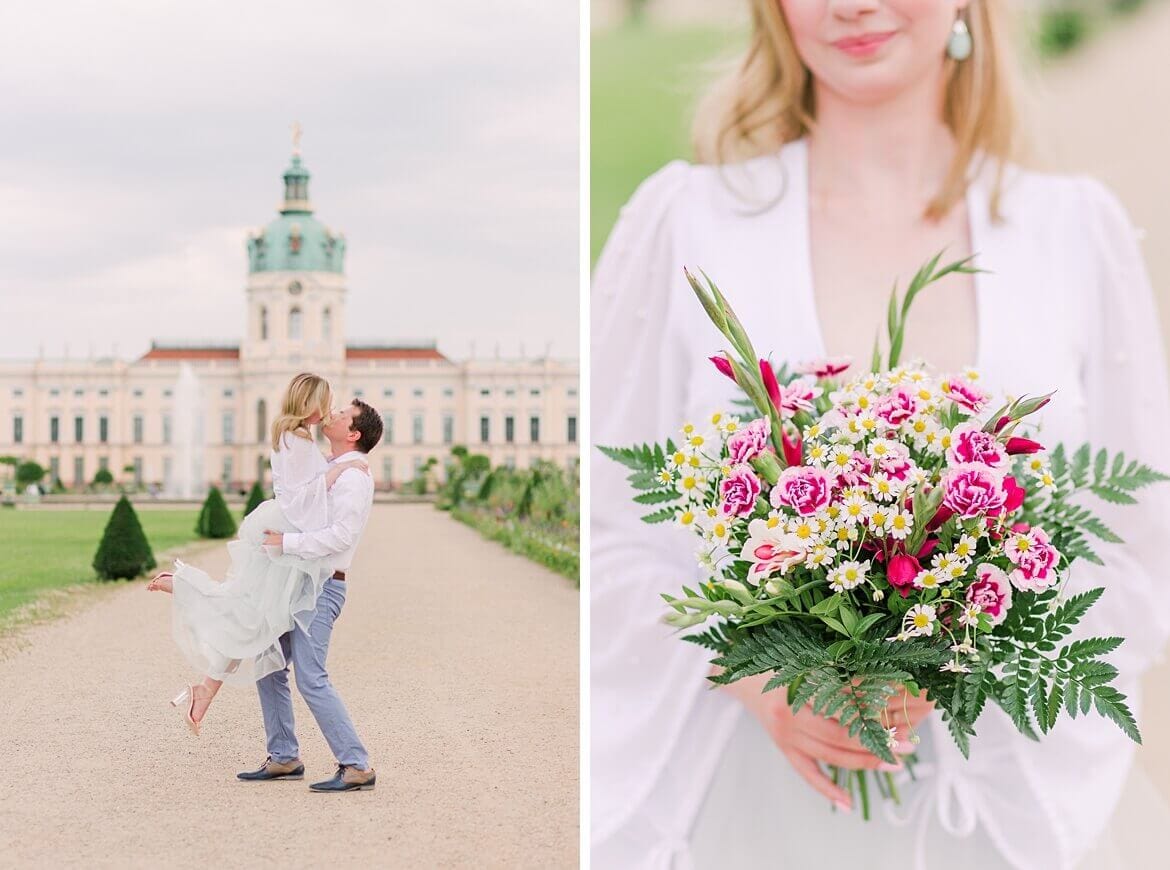 Paar vor dem Schloss Charlottenburg und Nahaufnahme eines Blumenstraußes