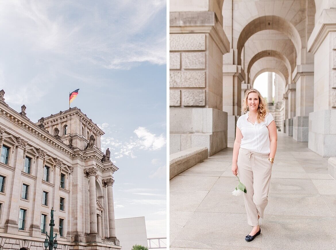 Bundestag und Portrait einer Frau vor dem Bundestag