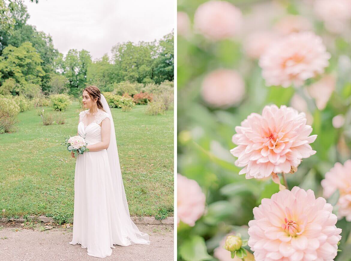 Braut im Park und Blumen in Nahaufnahme