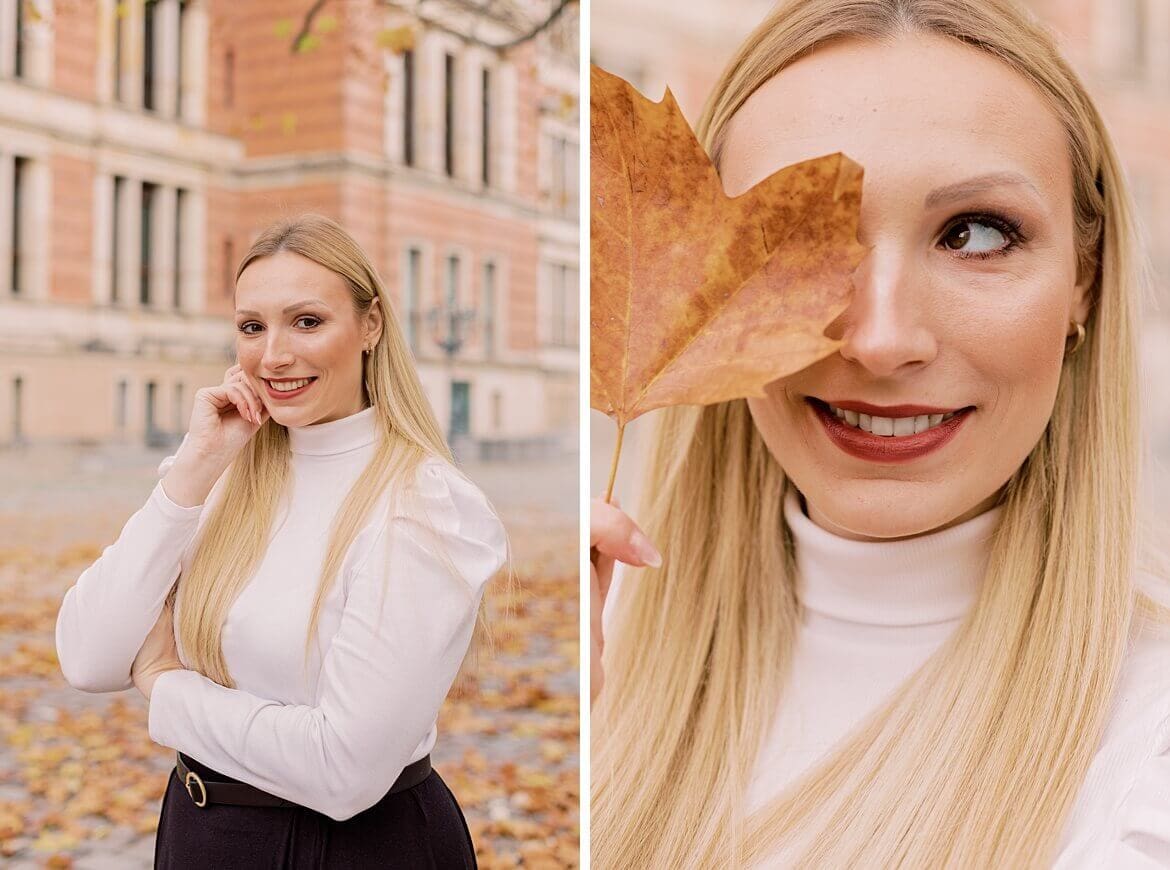 Portrait von Vivian Anna mit Herbstblatt