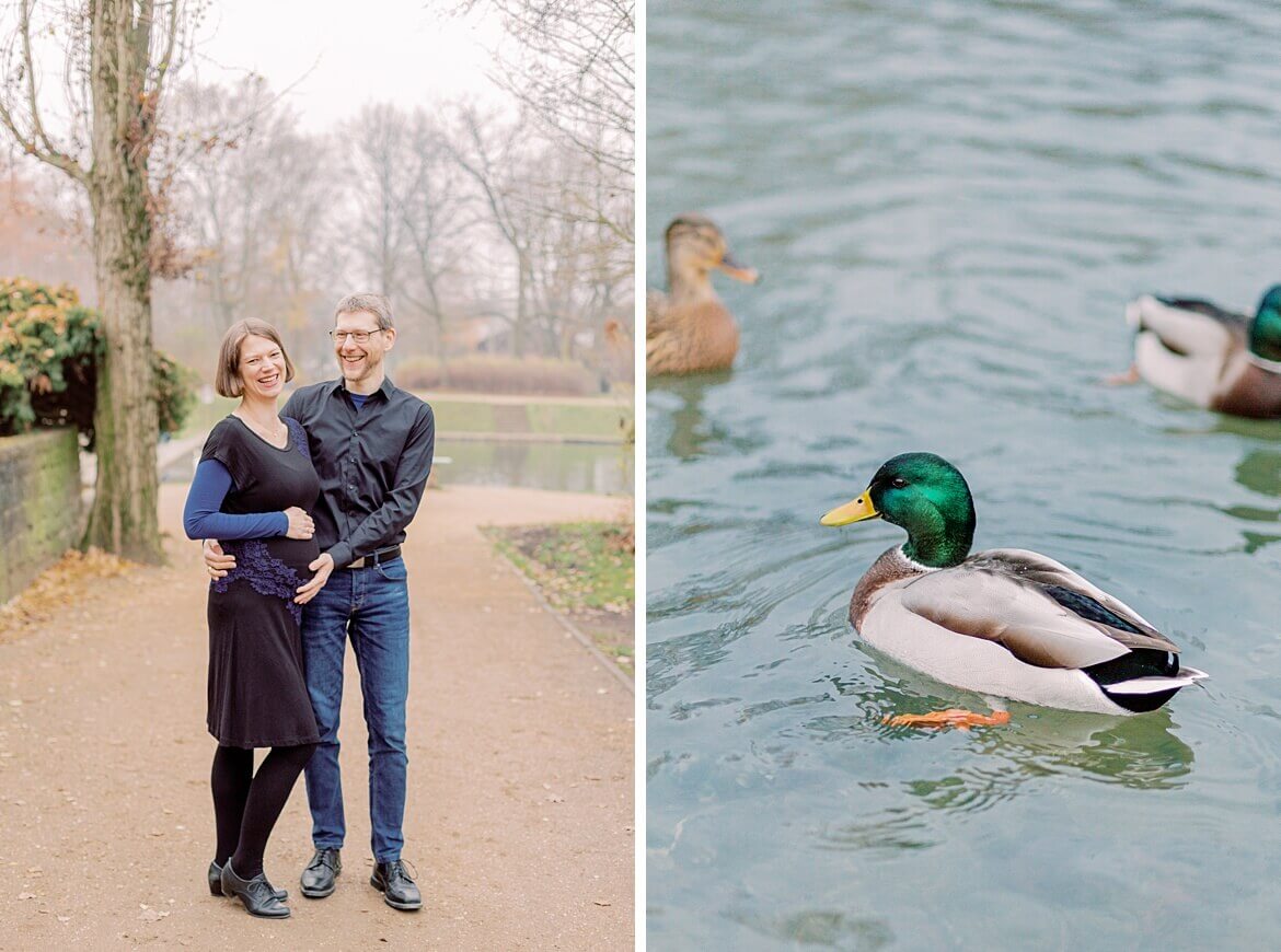 Schwangeres Paar und Enten im Park