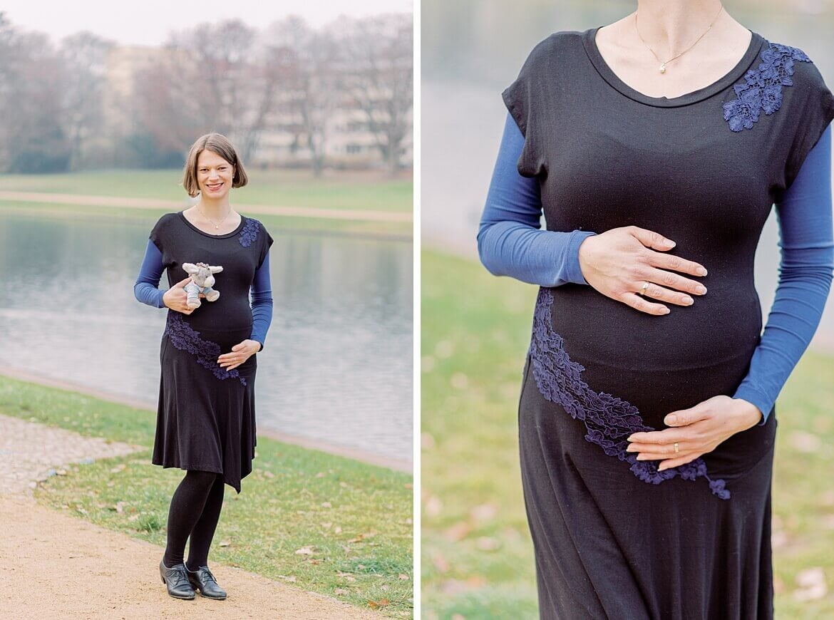 Werdende Mama mit Kuscheltier am See