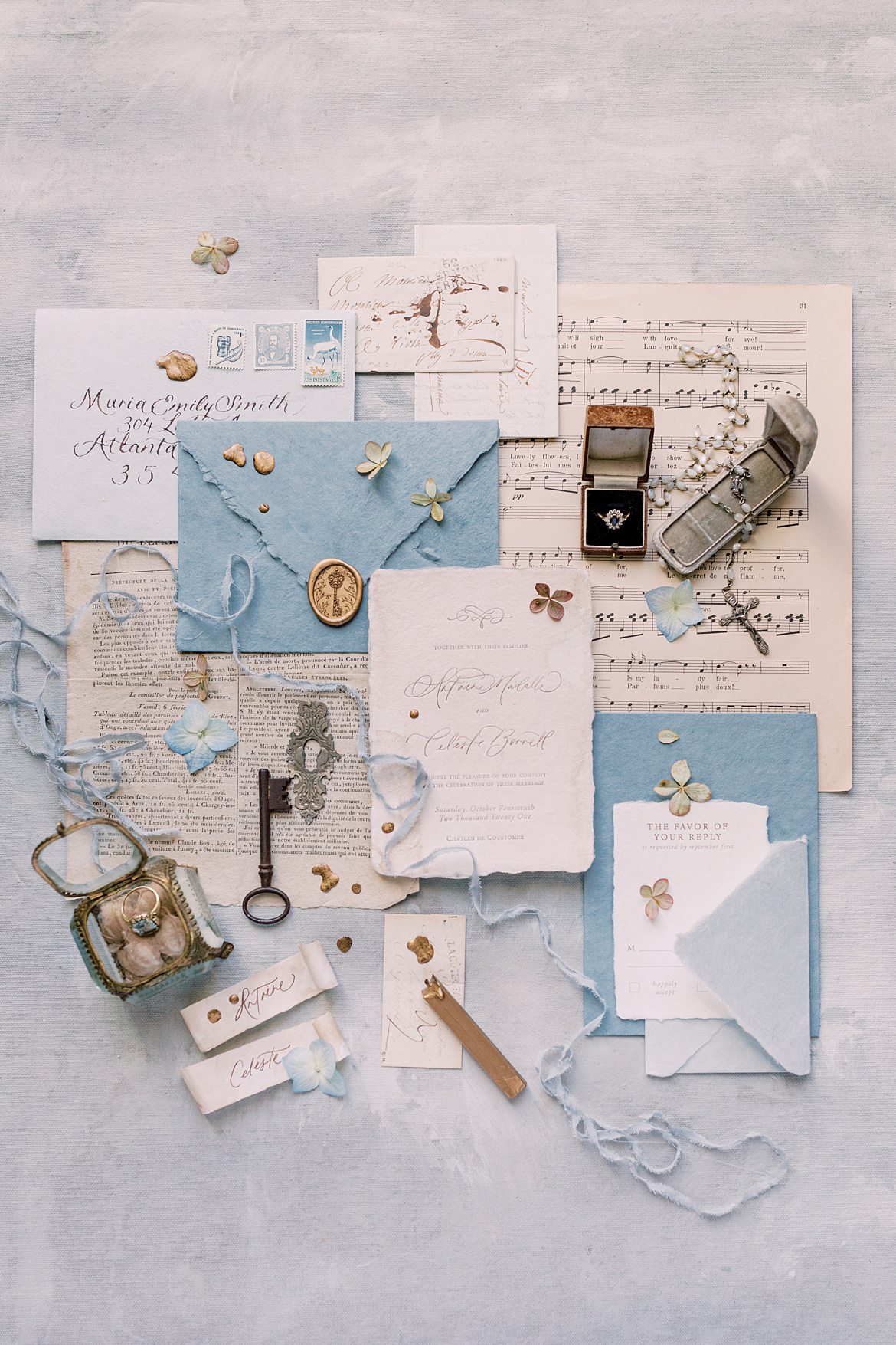 Dusty Blue Wedding Editorial at Château de Courtomer France