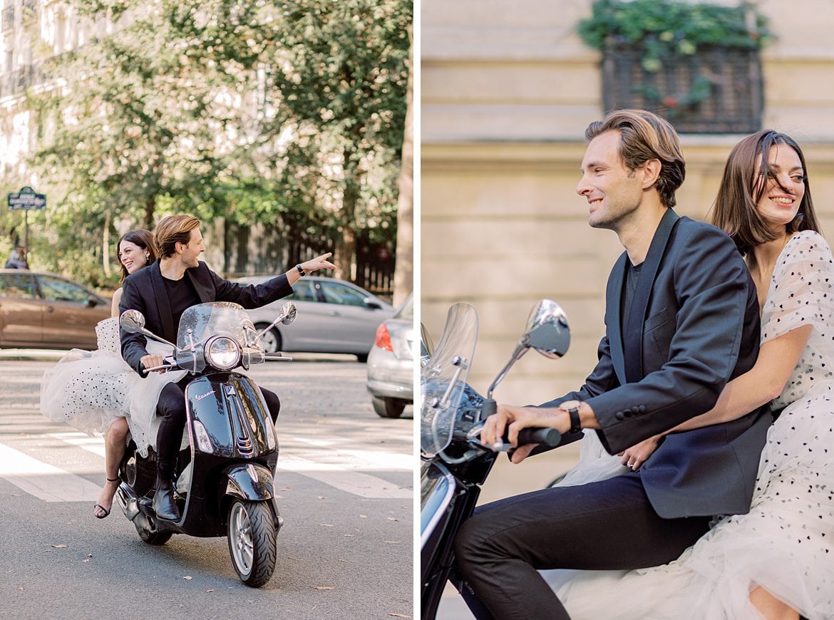 Paar sitzt auf einer Vespa in Paris