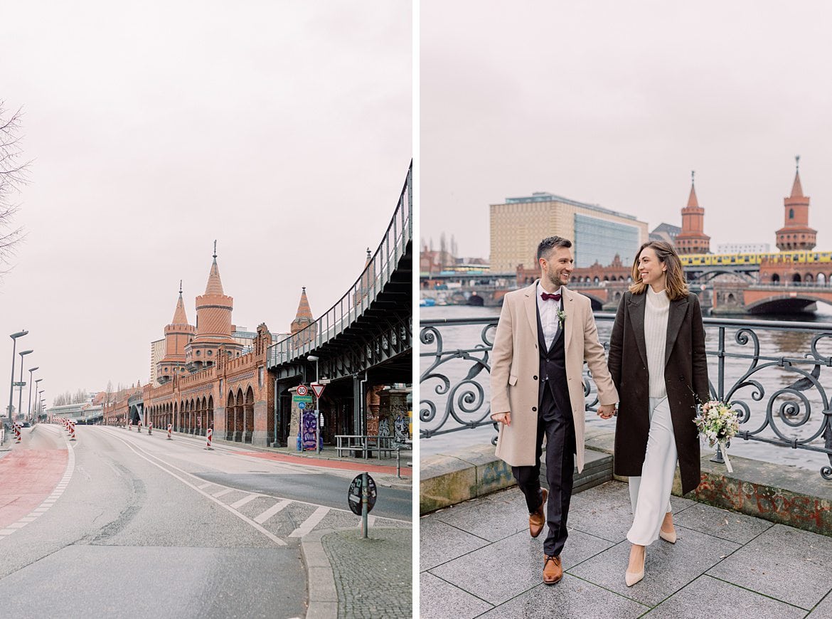 Hochzeitspaar an der Spree vor der Oberbaumbrücke