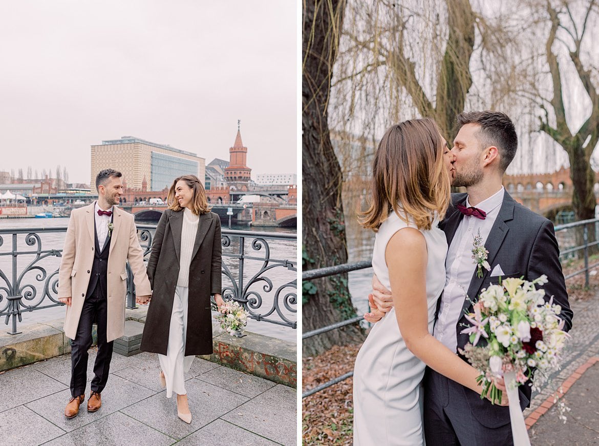 Hochzeitspaar an der Spree vor der Oberbaumbrücke