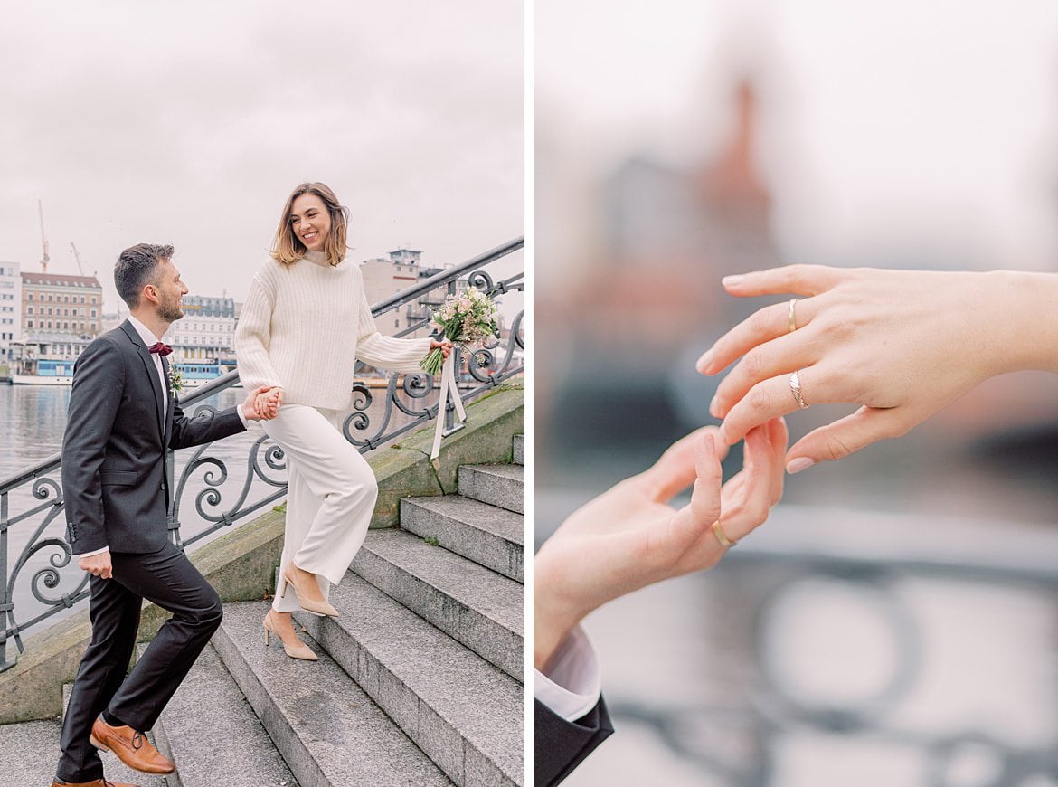 Hochzeitspaar an der Spree vor der Oberbaumbrücke