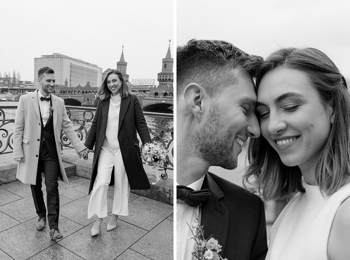 Hochzeitspaar an der Spree vor der Oberbaumbrücke