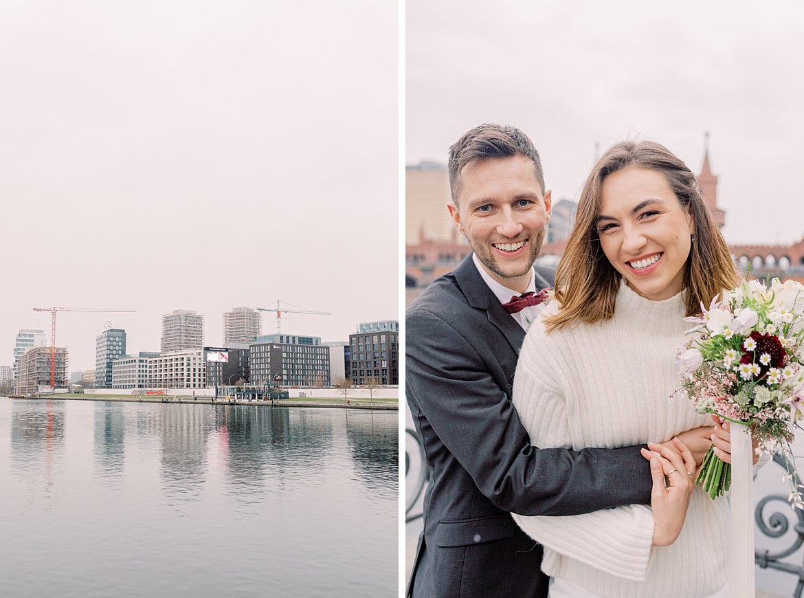 Hochzeitspaar an der Spree vor der Oberbaumbrücke