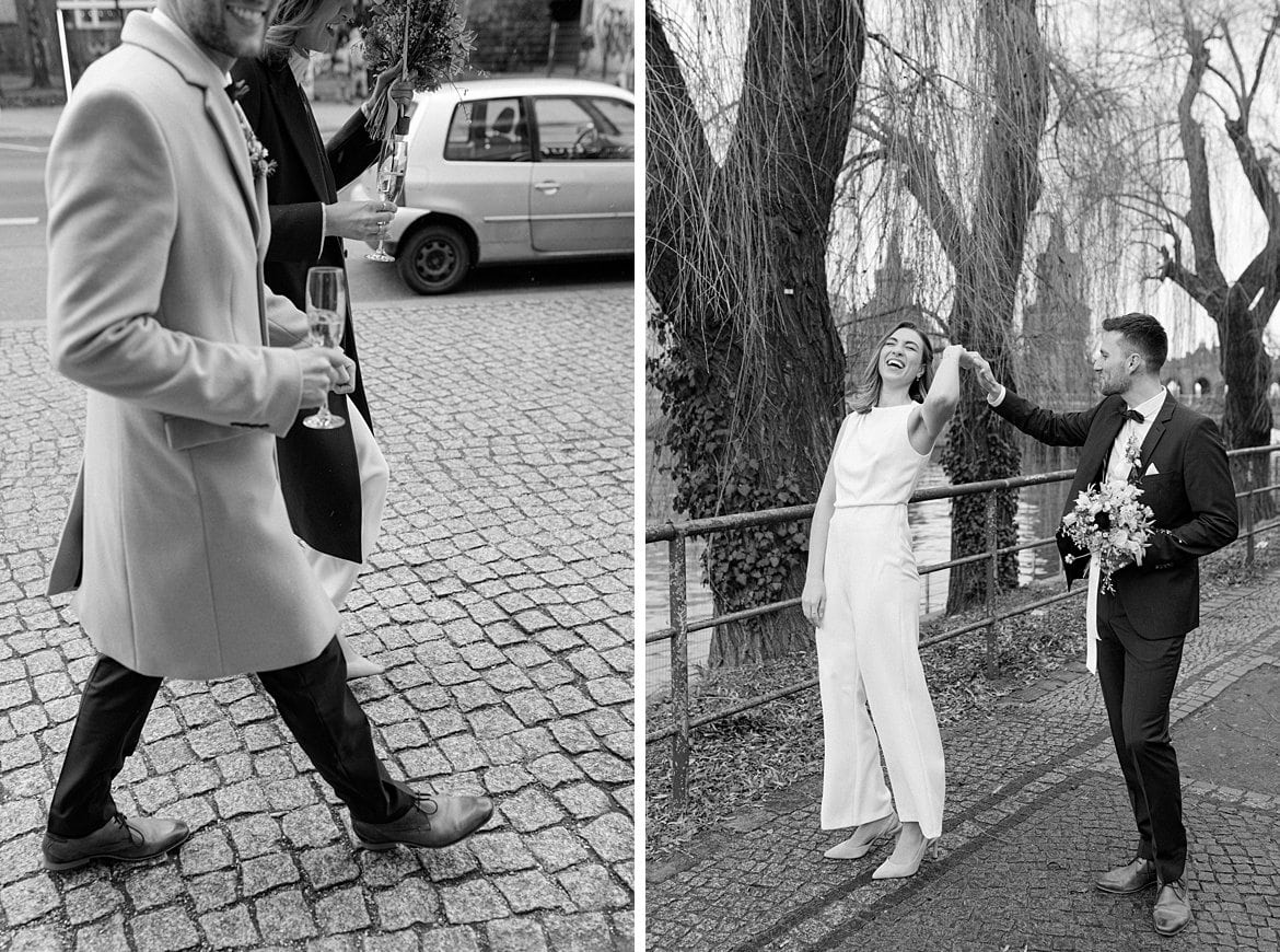 Hochzeitspaar an der Spree vor der Oberbaumbrücke