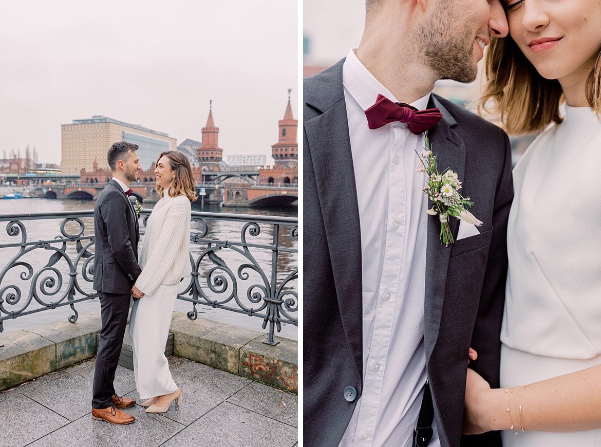 Hochzeitspaar an der Spree vor der Oberbaumbrücke