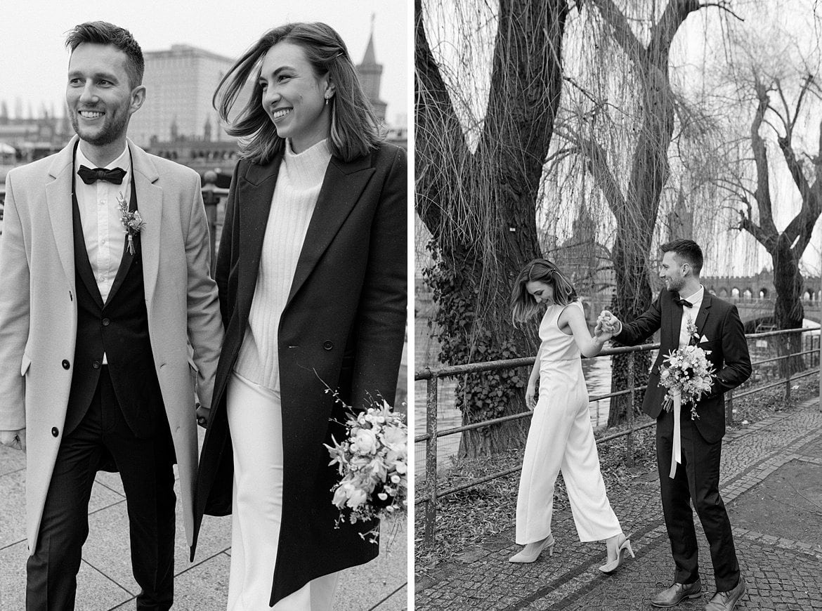 Hochzeitspaar an der Spree vor der Oberbaumbrücke