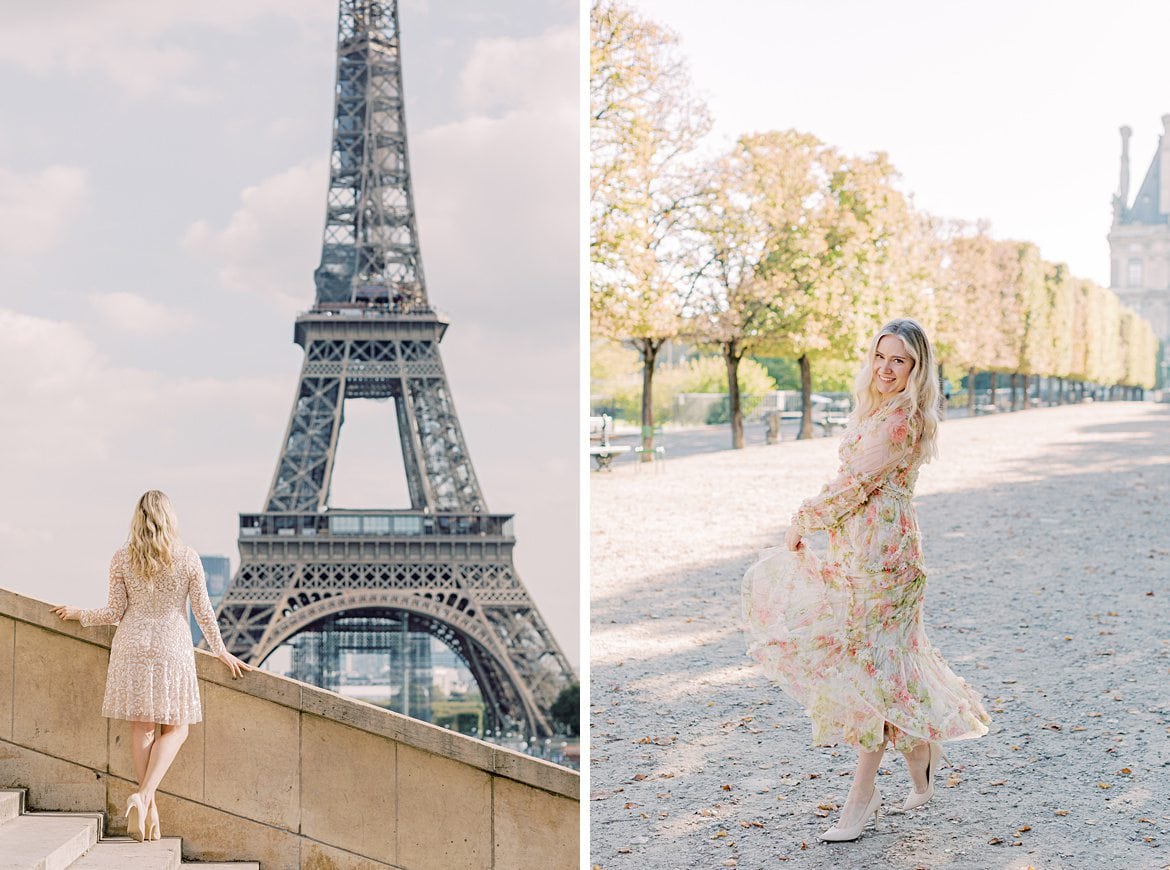 Blonde Frau vor dem Eiffelturm in Paris