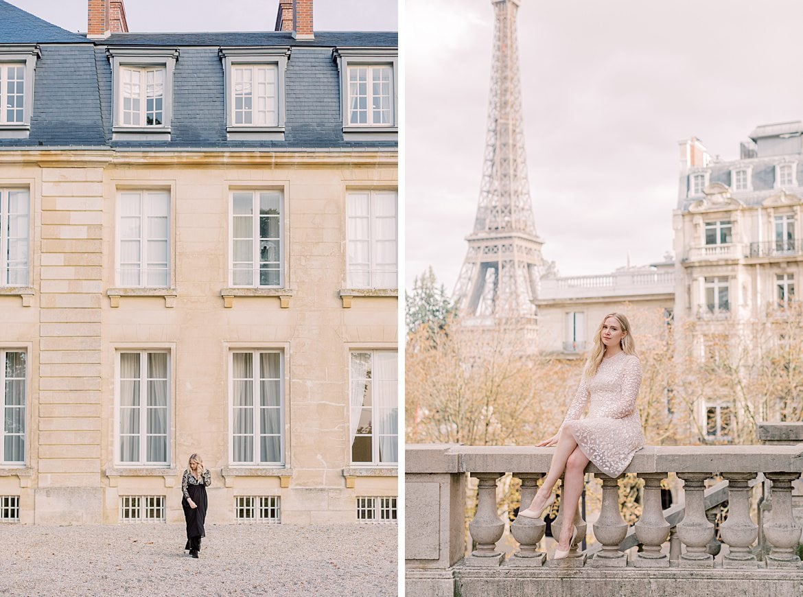 Blonde Frau vor dem Eiffelturm in Paris