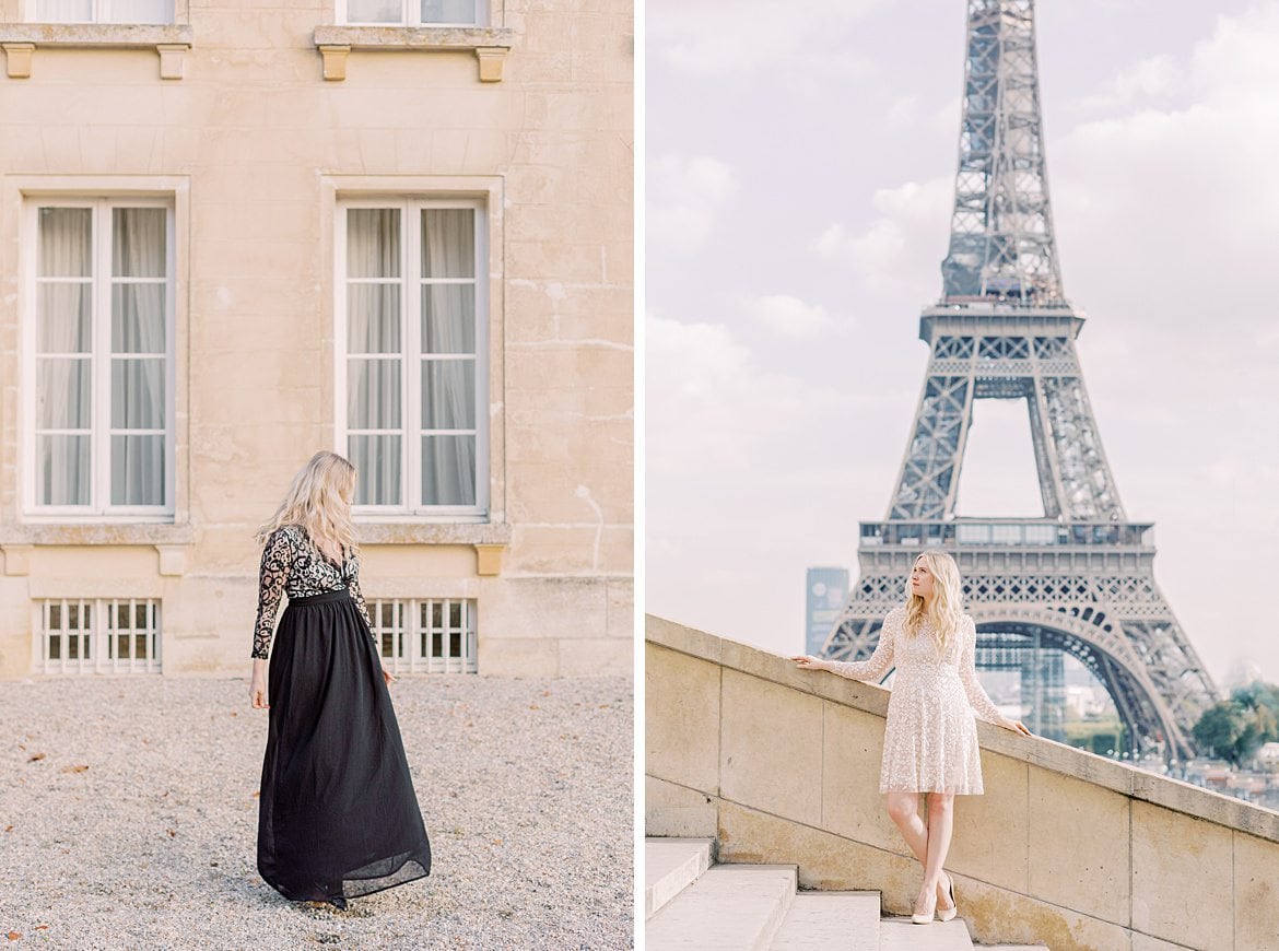 Blonde Frau vor dem Eiffelturm in Paris