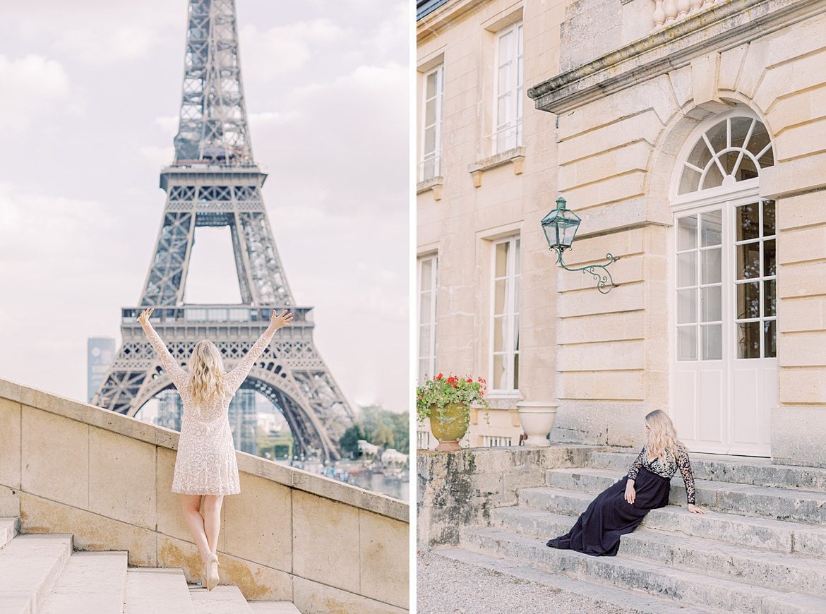 Blonde Frau vor dem Eiffelturm in Paris