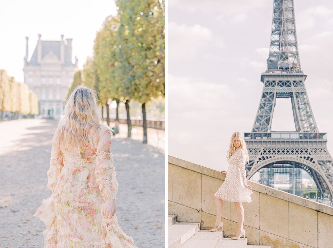 Blonde Frau vor dem Eiffelturm in Paris