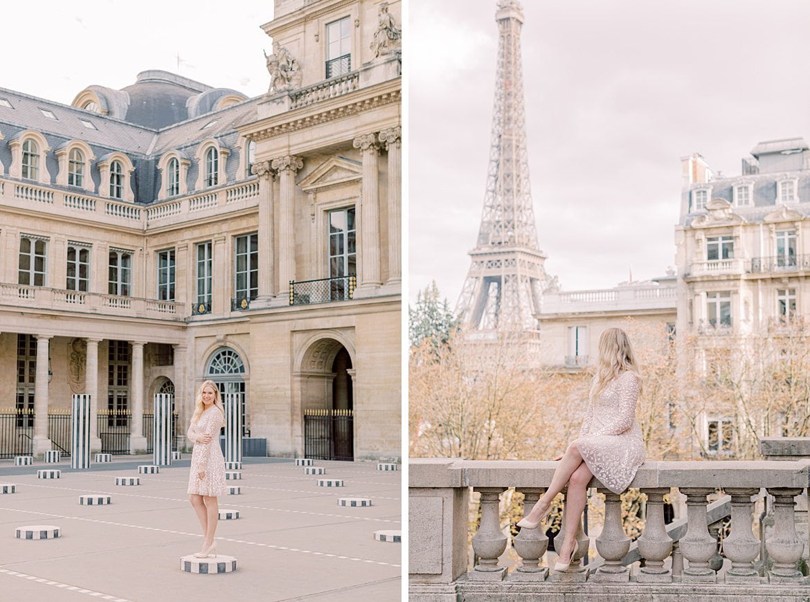 Blonde Frau vor dem Eiffelturm & im Palais Royalin Paris