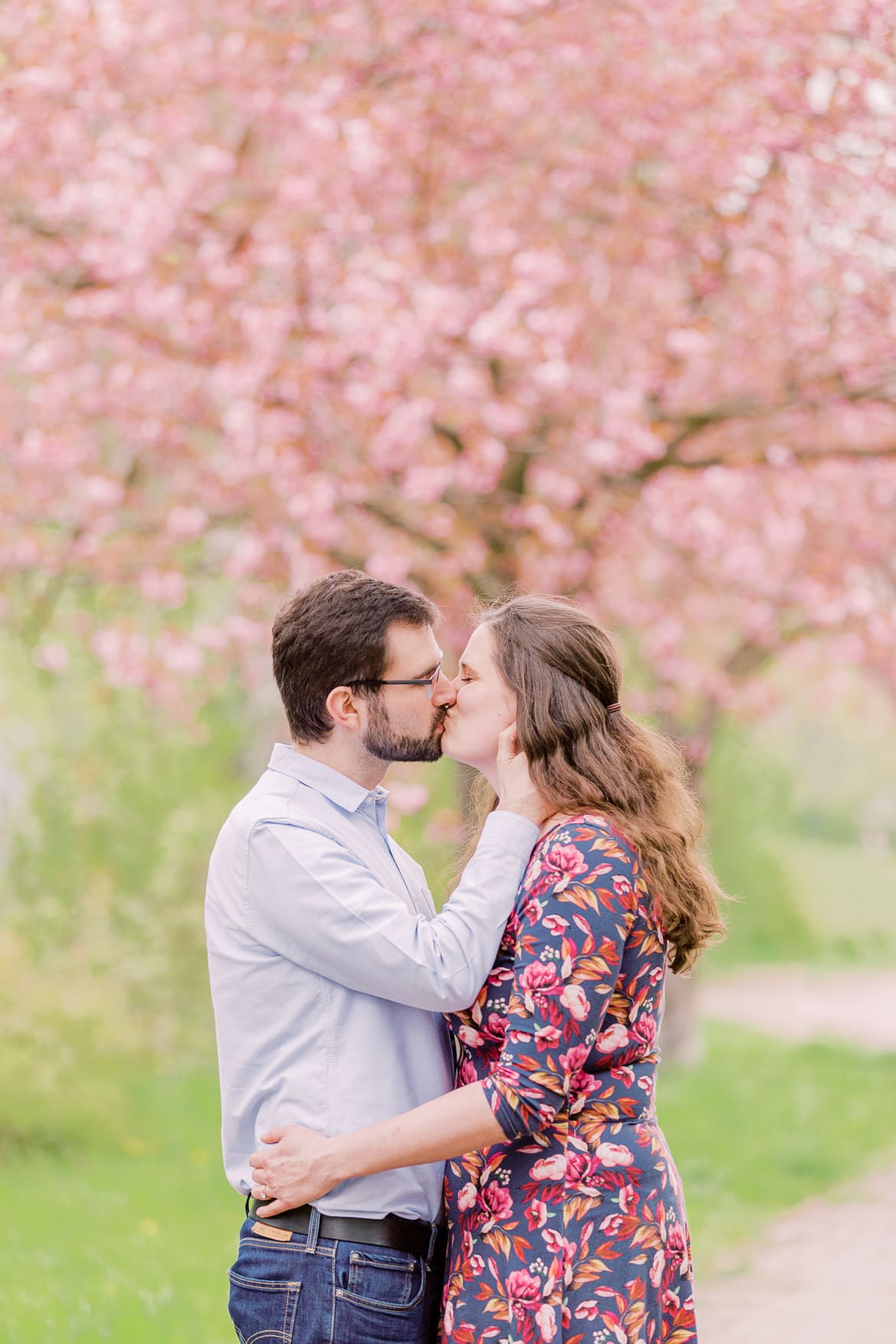 Ein verliebtes Paar küsst sich unter der Kirschblüte