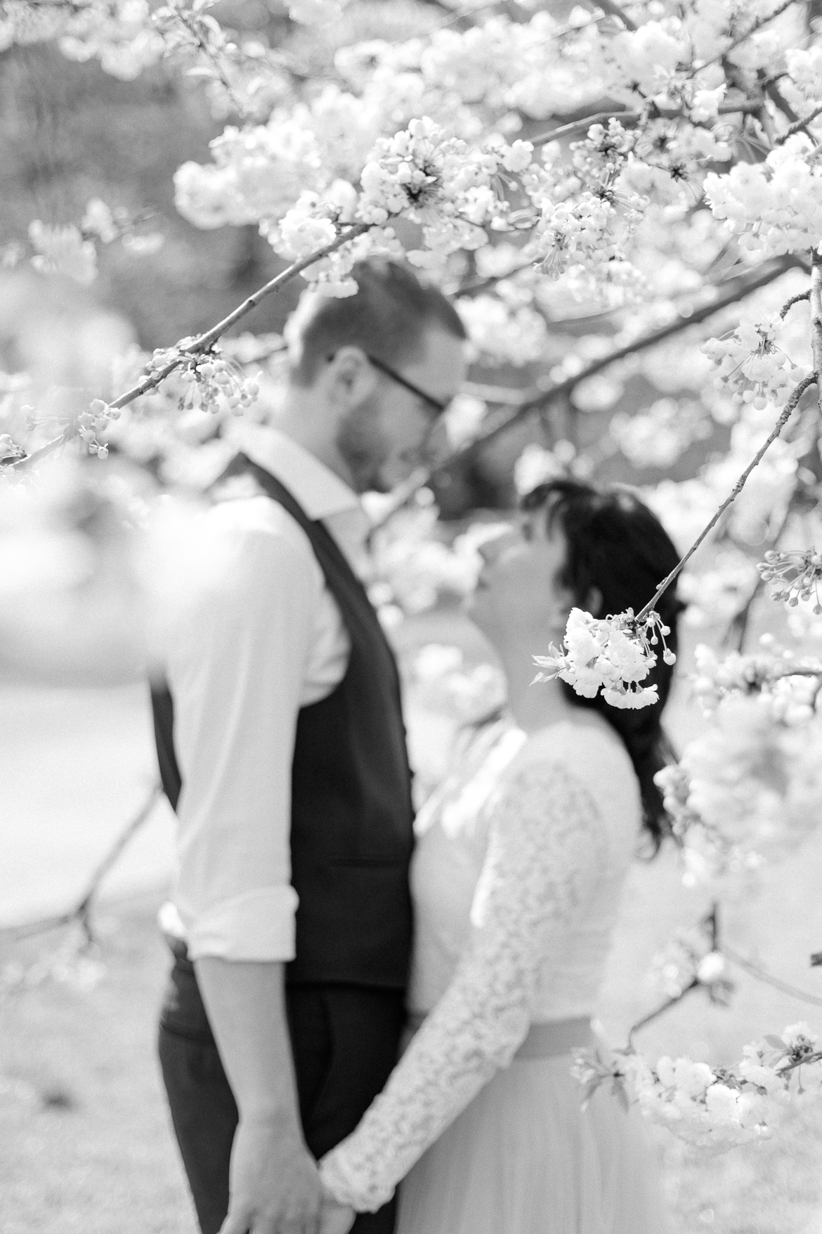 Hochzeitspaar vor einem blühenden Baum im Park